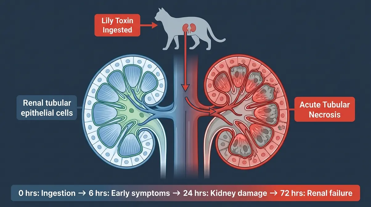 Diagram showing how lily toxin causes acute kidney failure in cats through tubular necrosis
