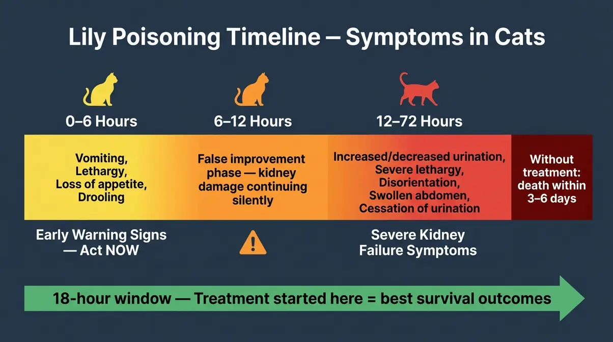 Lily poisoning symptom timeline for cats showing progression from early signs to kidney failure