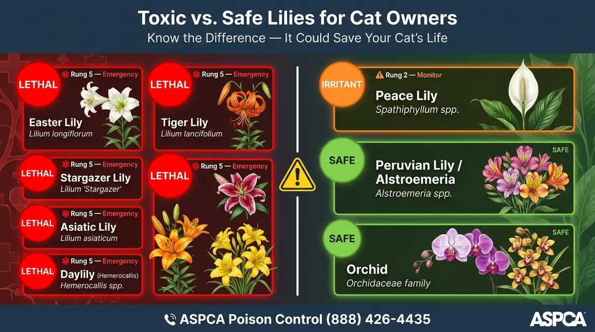 Toxic vs safe lily identification chart for cat owners showing lily toxicity comparison guide
