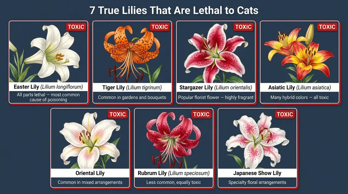 True lilies toxic to cats identification chart showing Easter Tiger Stargazer Asiatic lily varieties