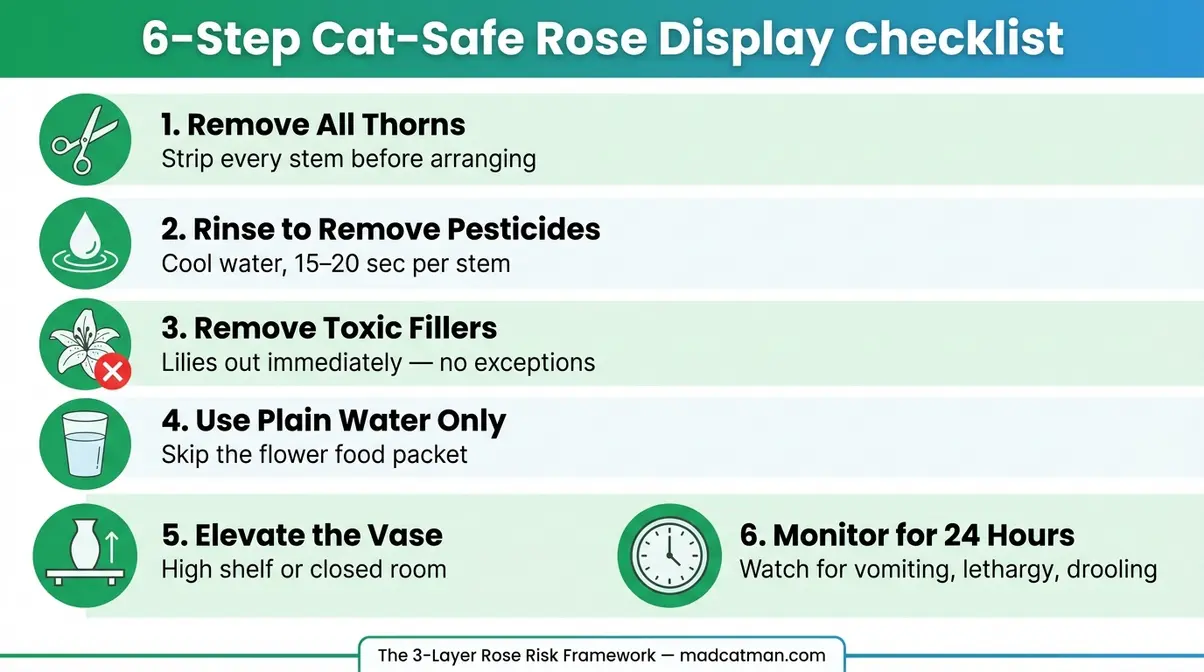 Roses safe for cats 6-step display checklist infographic for cat-friendly bouquet preparation