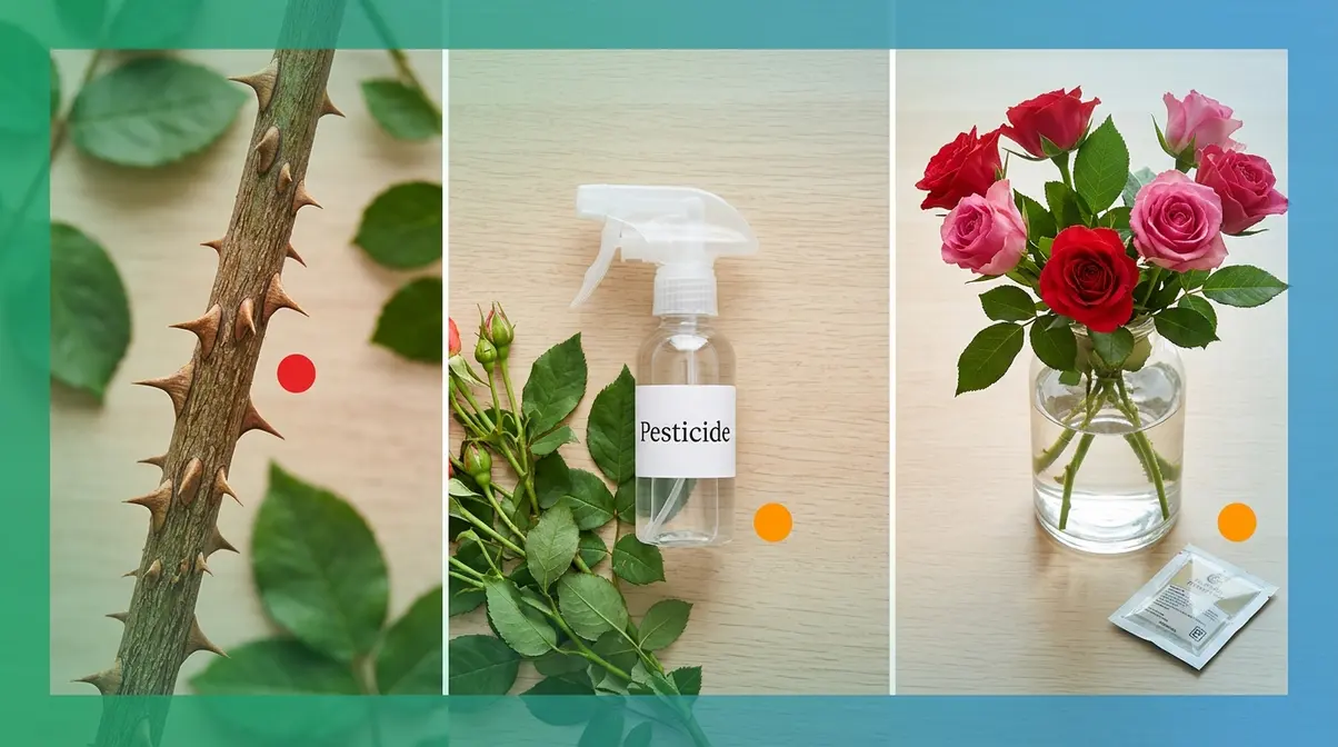 Three rose hazards for cats — thorns on stem, pesticide spray bottle, and flower food vase packet