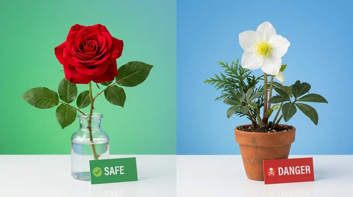 Garden rose labeled safe next to Christmas Rose labeled dangerous for cats side-by-side comparison