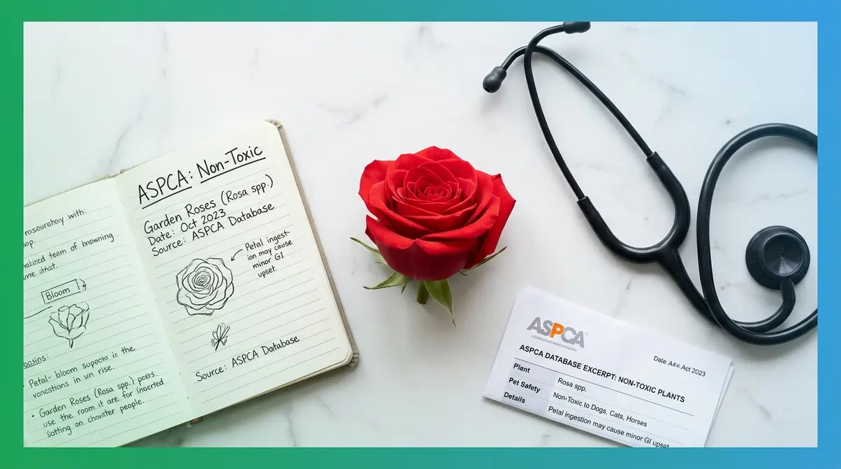 Rose bloom with stethoscope and ASPCA notes showing cats and roses science safety overview