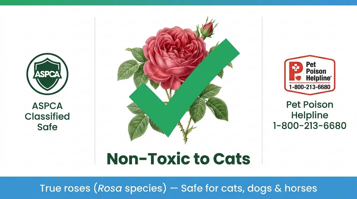 Roses safe for cats ASPCA non-toxic classification infographic with Pet Poison Helpline number