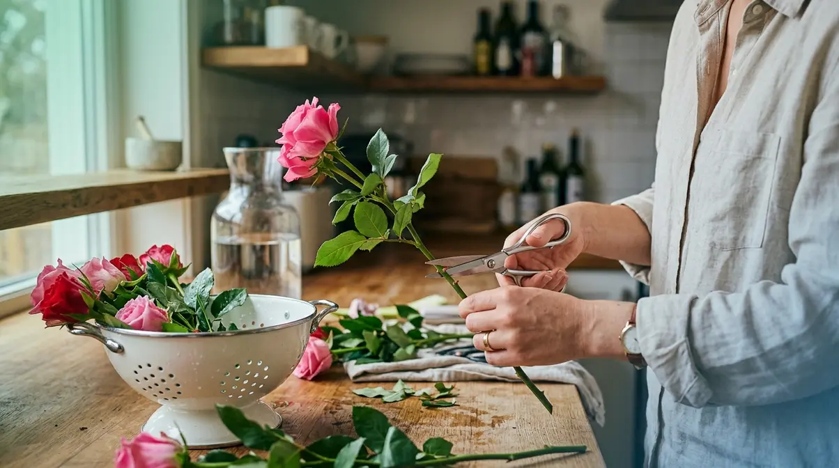 Person removing rose thorns with scissors before safely displaying roses in home with cat