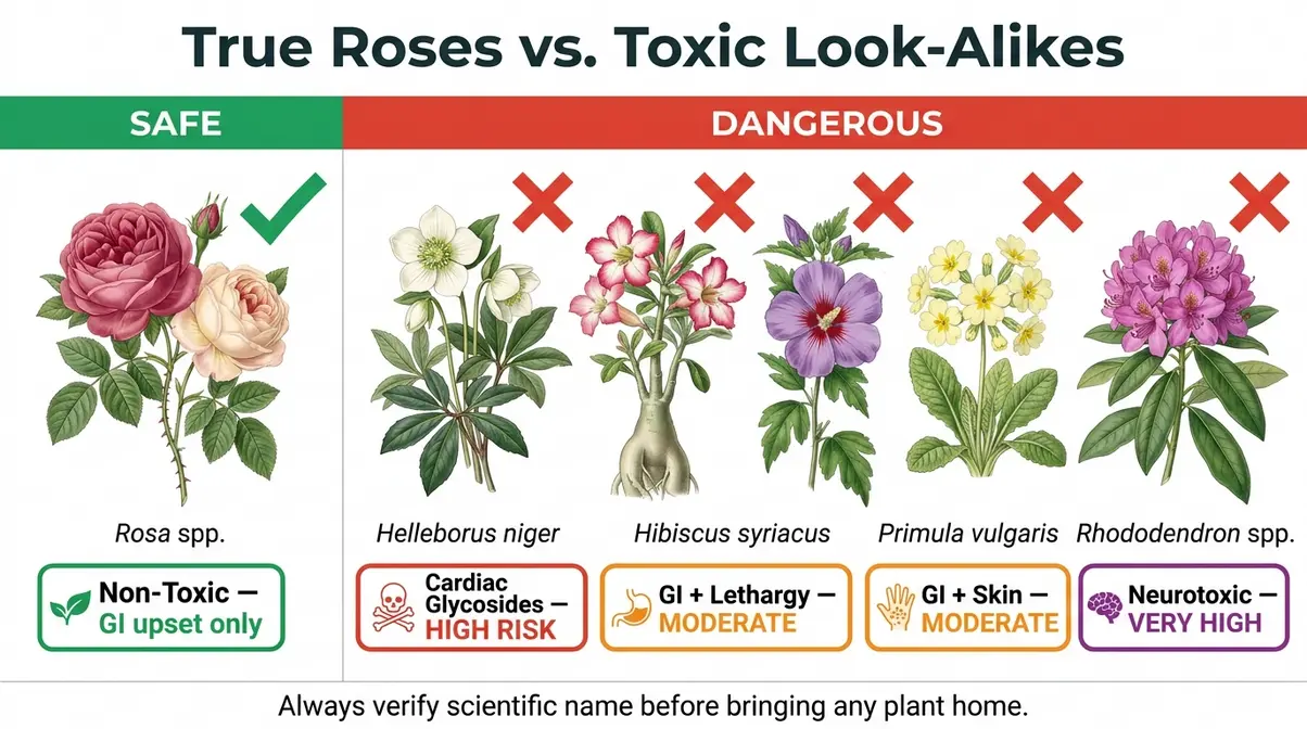Roses safe for cats comparison chart versus toxic rose look-alike plants by risk level