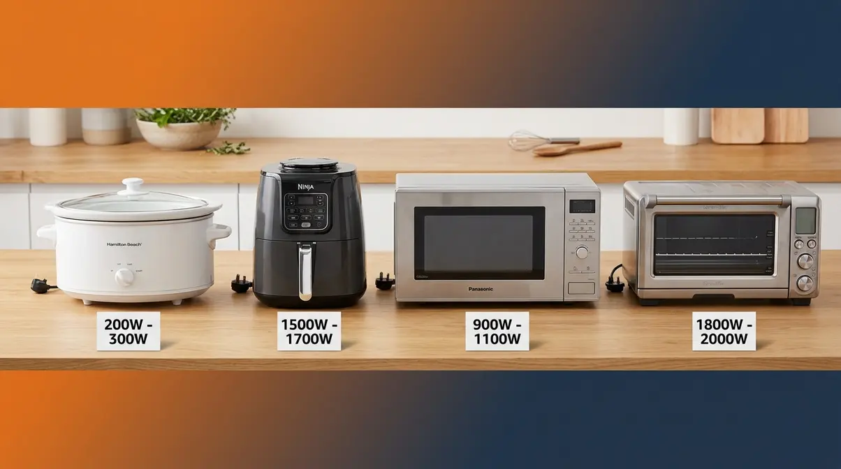Four kitchen appliances side by side showing wattage labels for slow cooker, air fryer, microwave, and oven energy comparison