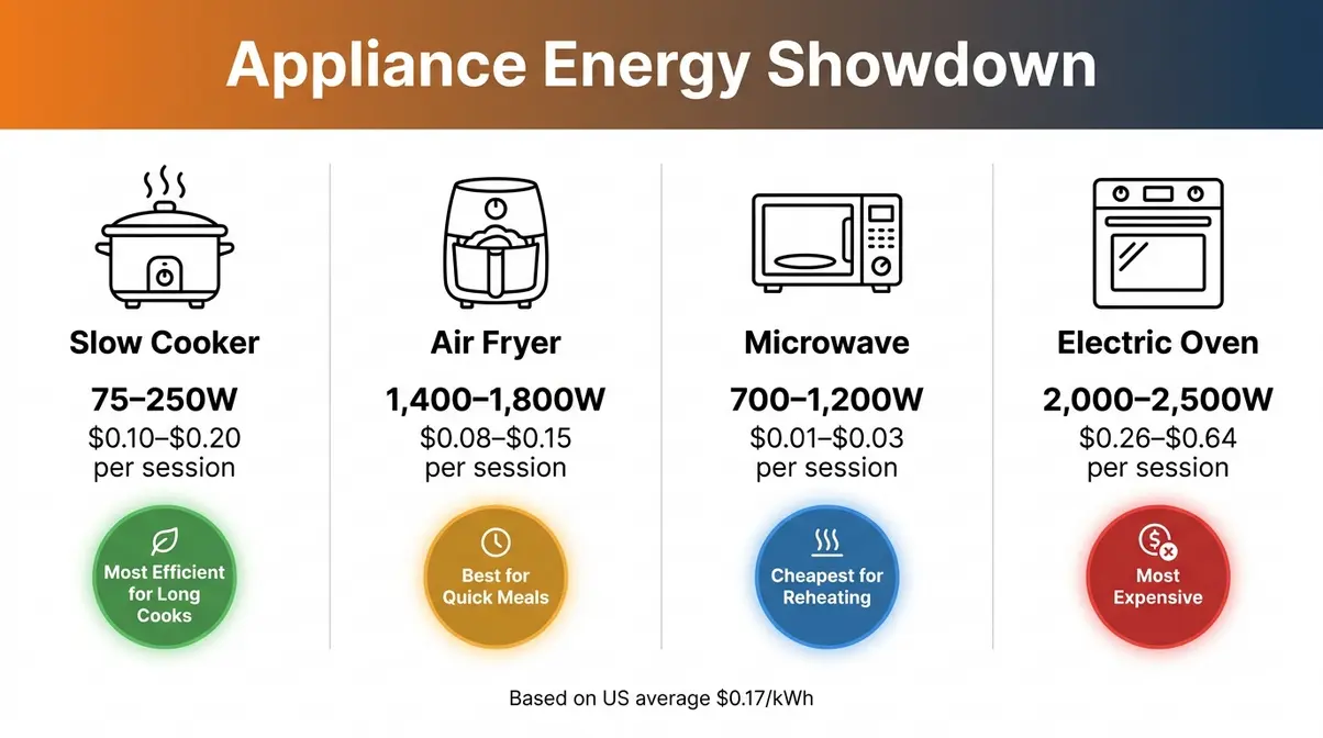 Infographic comparing wattage and cost per session for slow cooker, air fryer, microwave, and electric oven