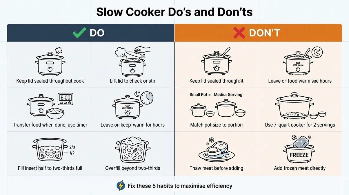 Illustrated do's and don'ts guide for slow cooker habits showing correct lid, fill level, and keep-warm timer use