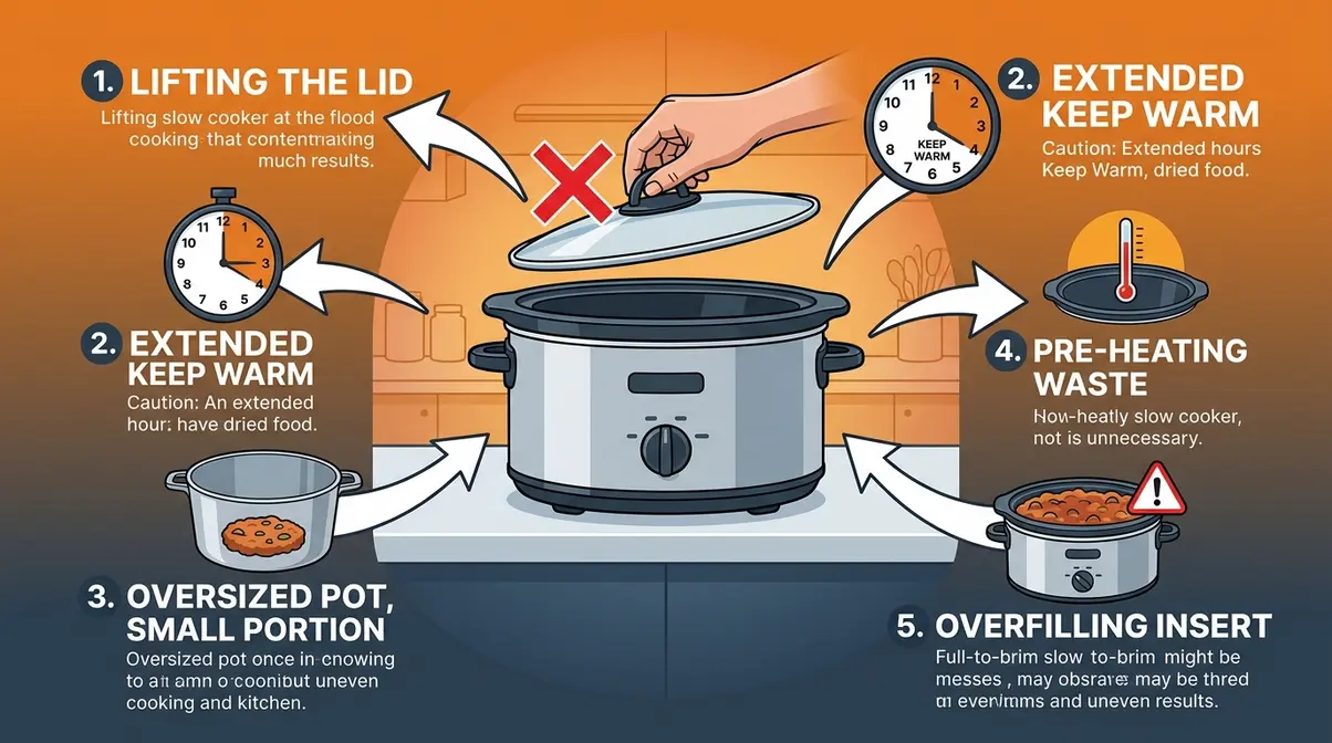 Slow cooker with five annotated callout arrows showing hidden energy drain habits including lid lifting and keep-warm overuse