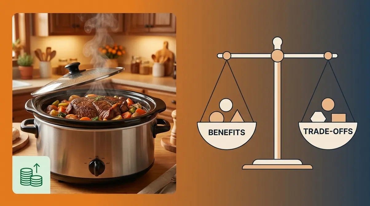 Slow cooker with steaming pot roast beside a pros and cons balance scale for honest worth-it assessment