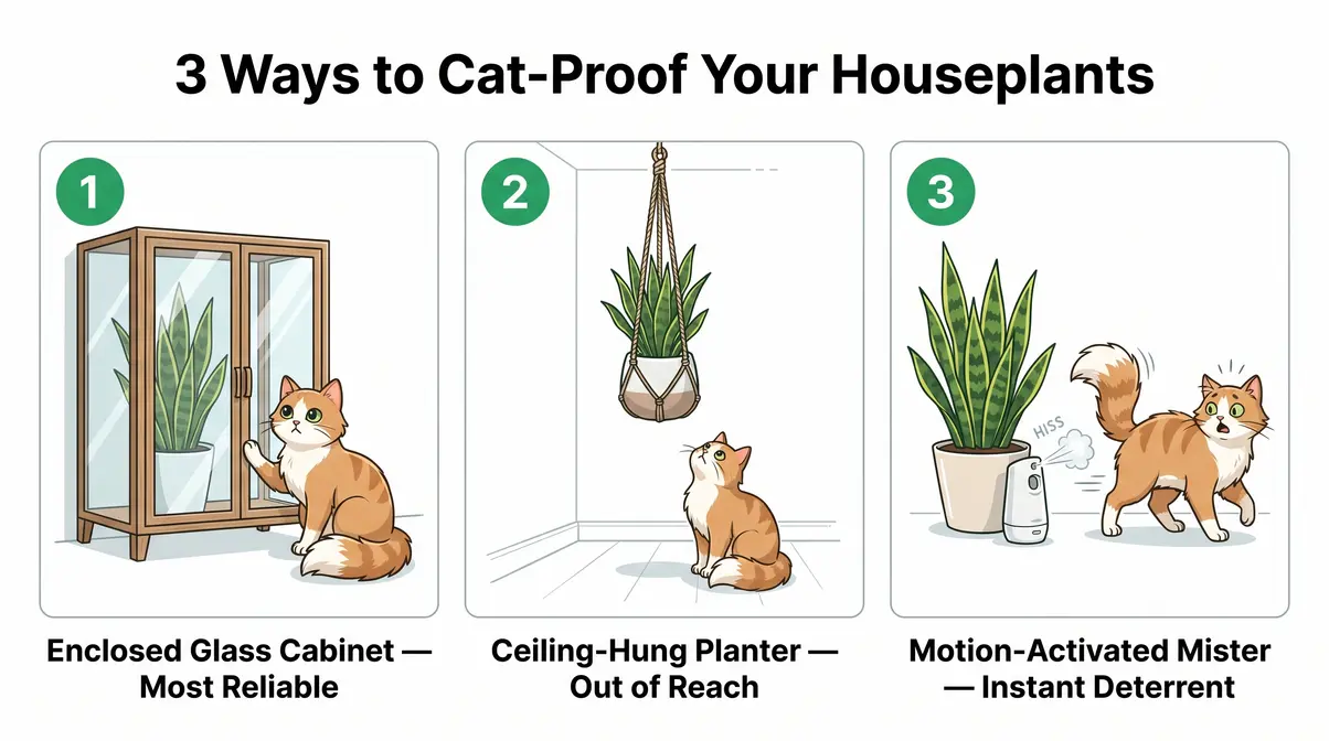 Three illustrated cat-proofing methods for houseplants including enclosed glass cabinet and ceiling-hung planter