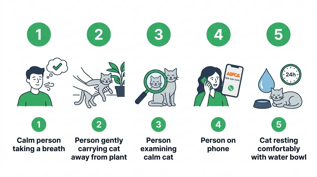 Five-step emergency protocol illustration for cat owners after snake plant ingestion, showing assessment to monitoring