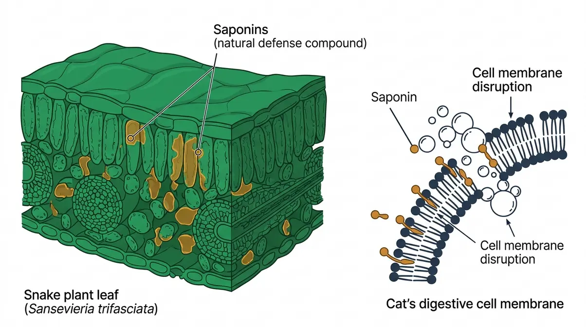 Scientific diagram showing saponin compounds in snake plant leaves causing digestive cell membrane disruption in cats