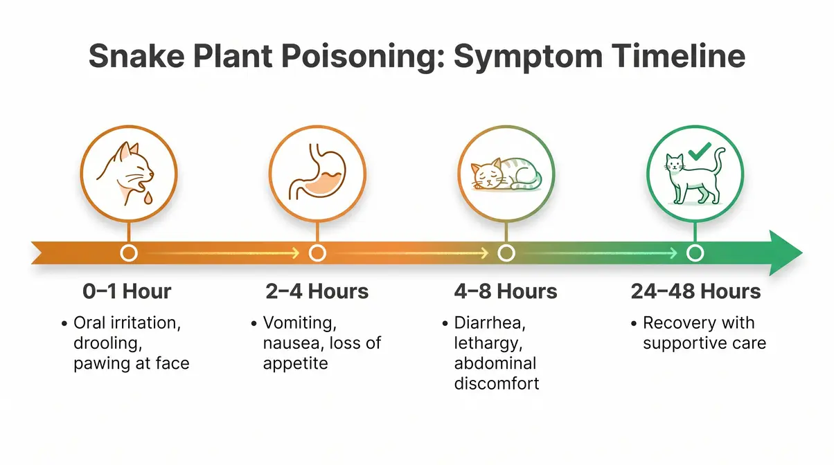Cat snake plant poisoning symptom timeline from first hour oral irritation to 48-hour recovery