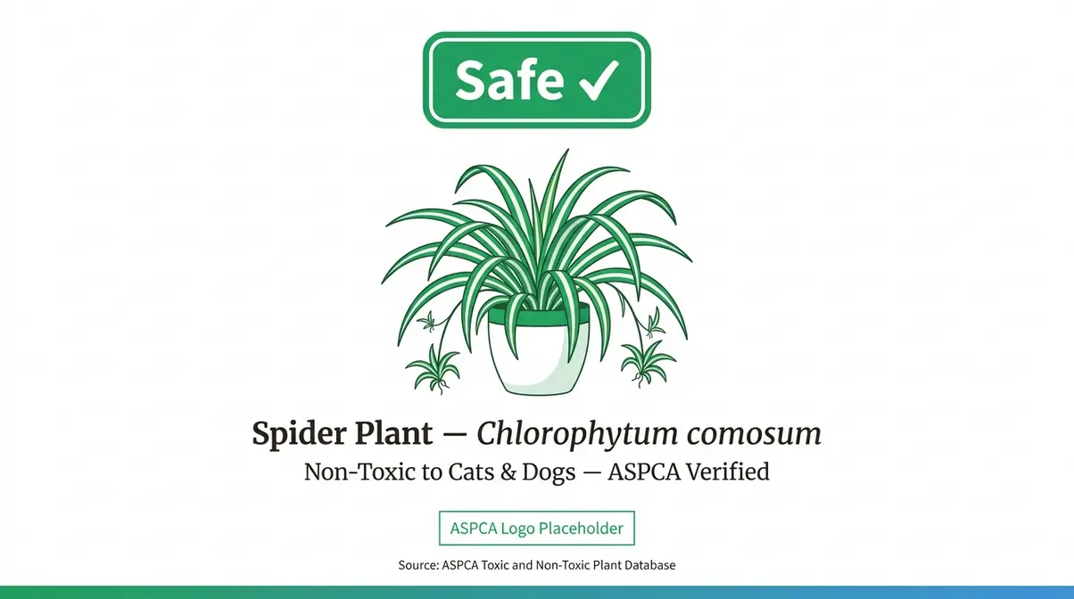 Are spider plants safe for cats — ASPCA non-toxic classification infographic with Safe badge