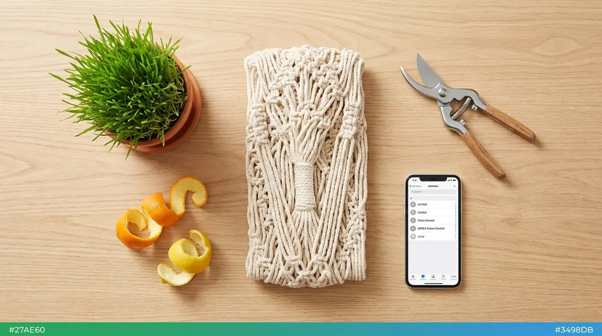 Cat-proofing supplies for spider plant safety including plant hanger, cat grass, scissors, citrus deterrent and phone
