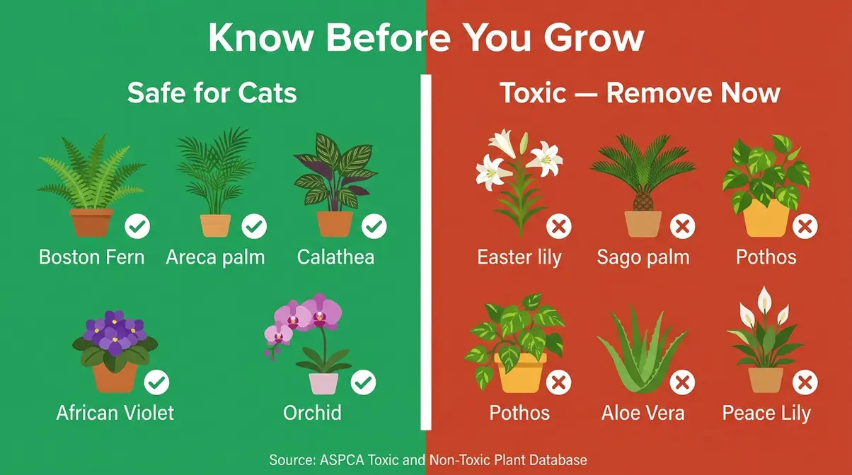 Cat-safe versus toxic houseplants comparison chart showing ASPCA-verified safe and dangerous plants