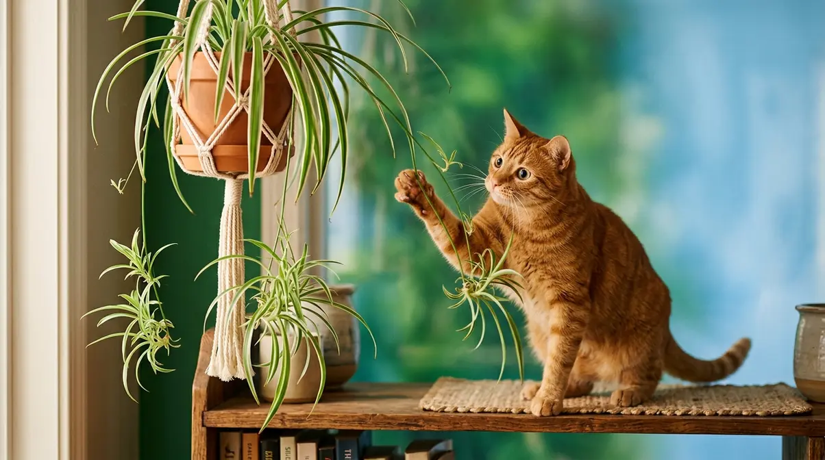 Cat batting at dangling spider plant offshoots showing prey drive and feline fascination behavior