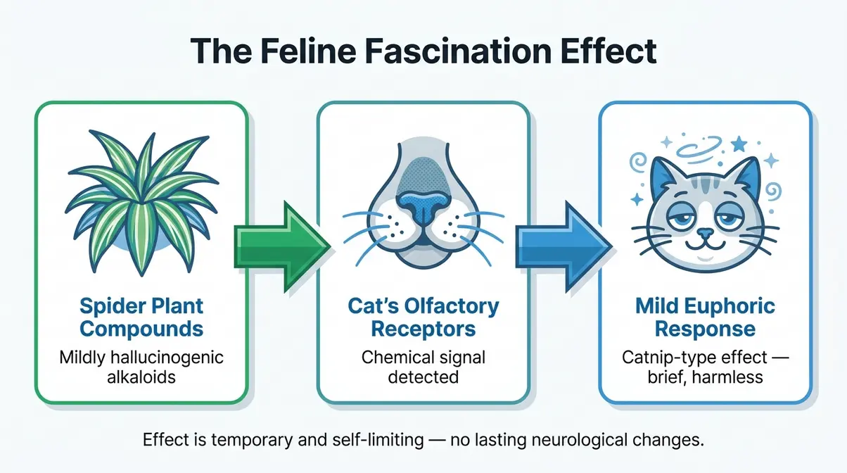 The Feline Fascination Effect diagram showing spider plant compounds triggering catnip-type response in cats