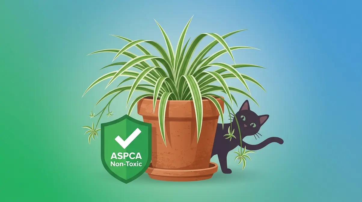 Spider plant in terracotta pot with ASPCA non-toxic safety badge and curious cat silhouette