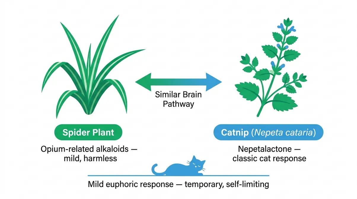 Spider plant versus catnip chemical comparison showing similar brain pathway triggering mild cat euphoria