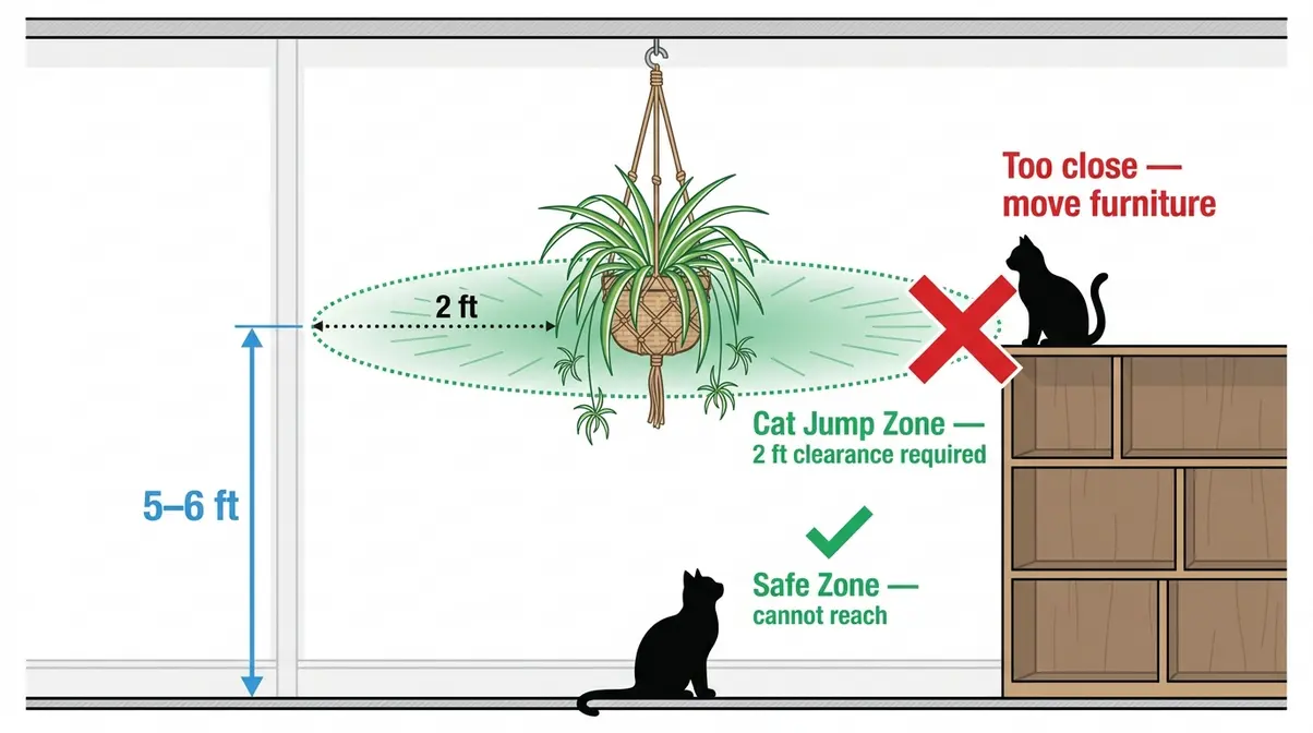 Spider plant hanging height guide showing safe 5-6 foot clearance and 2-foot cat jump zone for cat-proofing