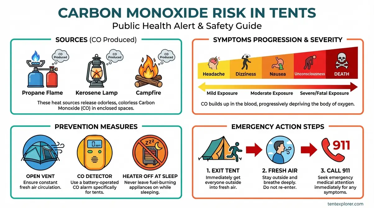 Carbon monoxide risk infographic showing CO sources, symptoms progression, prevention tips, and emergency actions for tent camping