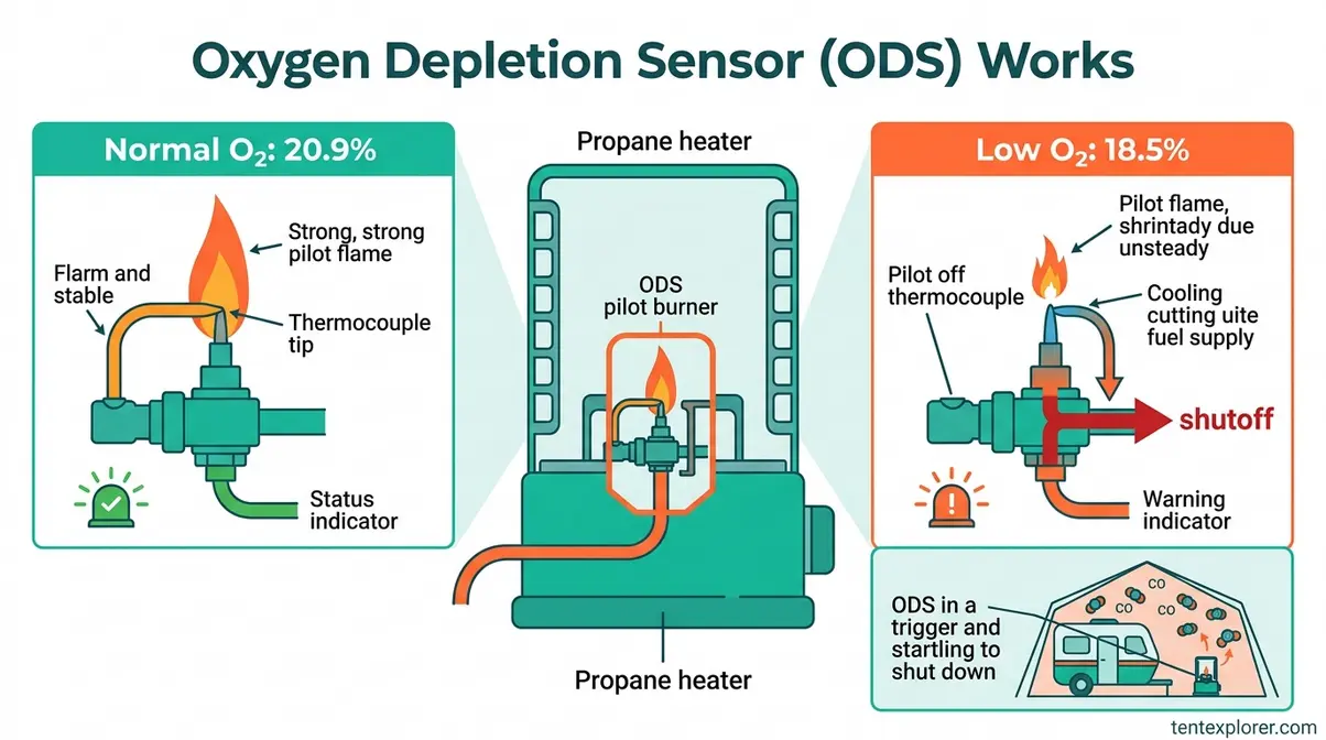 ODS oxygen depletion sensor diagram showing how propane heater automatically shuts off when tent oxygen drops to 18.5 percent
