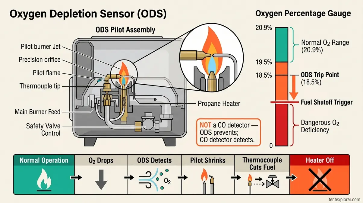 ODS oxygen depletion sensor mechanism diagram showing how pilot flame shrinks at 18.5 percent oxygen to trigger automatic heater shutoff
