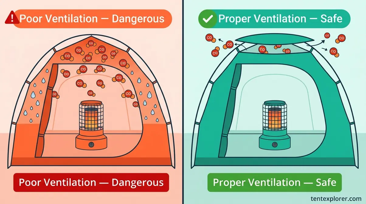 Side-by-side comparison of sealed tent with dangerous CO buildup versus properly ventilated tent with safe propane heater use