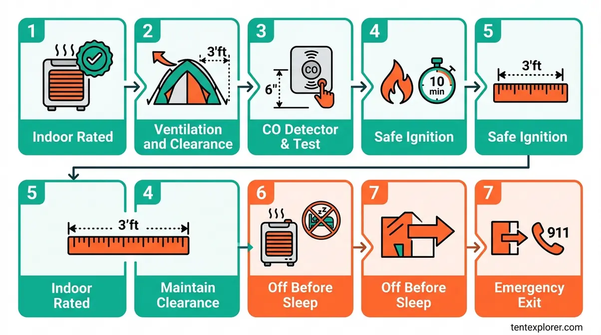 Seven-step safe propane heater setup process from choosing an indoor-rated heater to emergency exit protocol