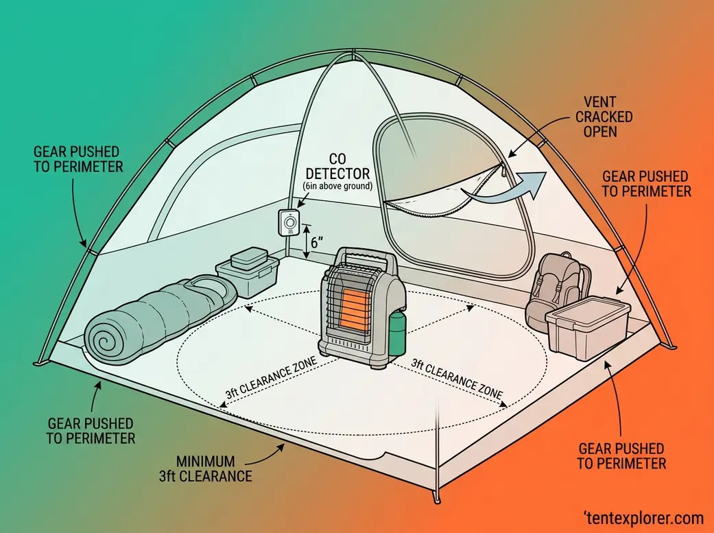 Propane heater safe tent setup showing 3-foot clearance zone, CO detector placement at sleeping height, and open ventilation vent