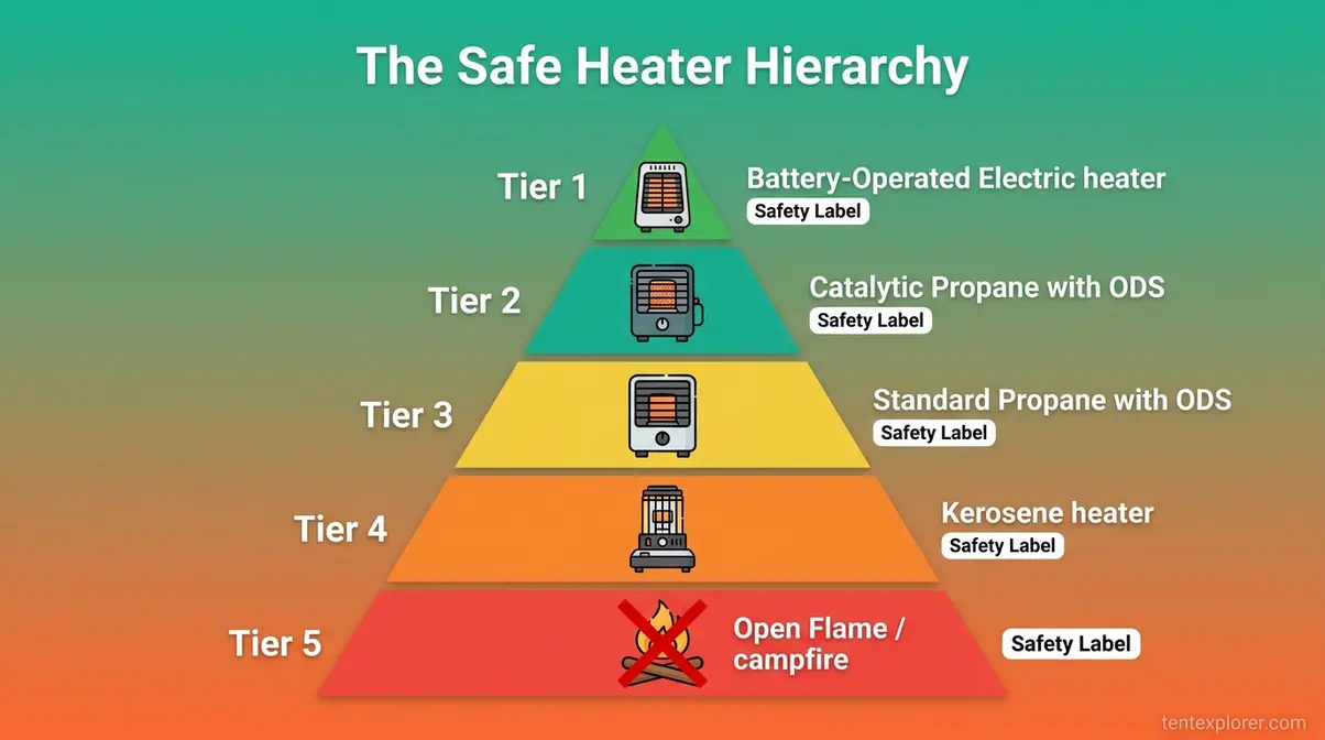 Safe heater hierarchy diagram ranking tent heater types from safest battery-electric to most dangerous open flame