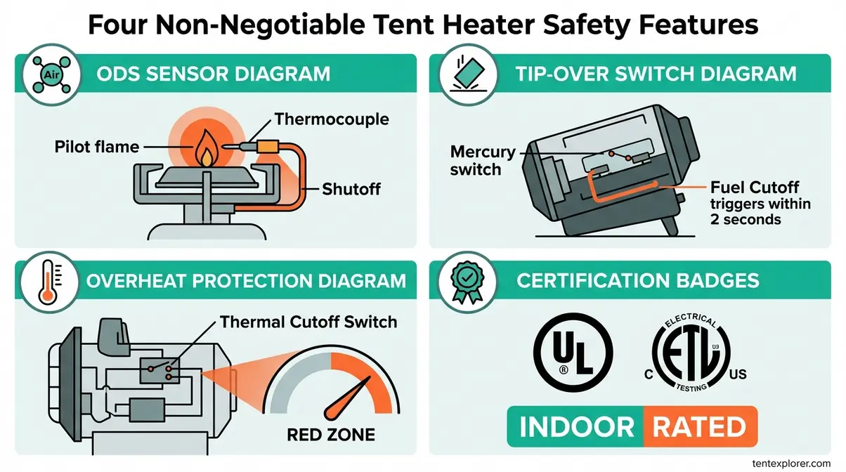 Tent heater safety features diagram showing ODS sensor, tip-over protection, overheat cutoff, and UL ETL certification requirements