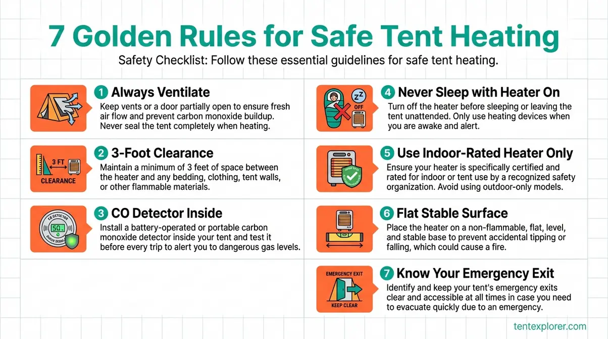 Tent heater safety checklist infographic showing 7 golden rules including ventilation, CO detector placement, and clearance distances