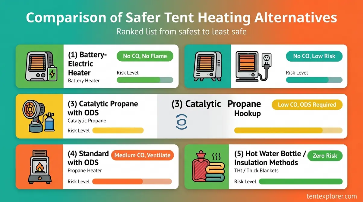 Tent heating alternatives comparison showing battery-electric, catalytic propane, and non-heater insulation methods ranked by safety
