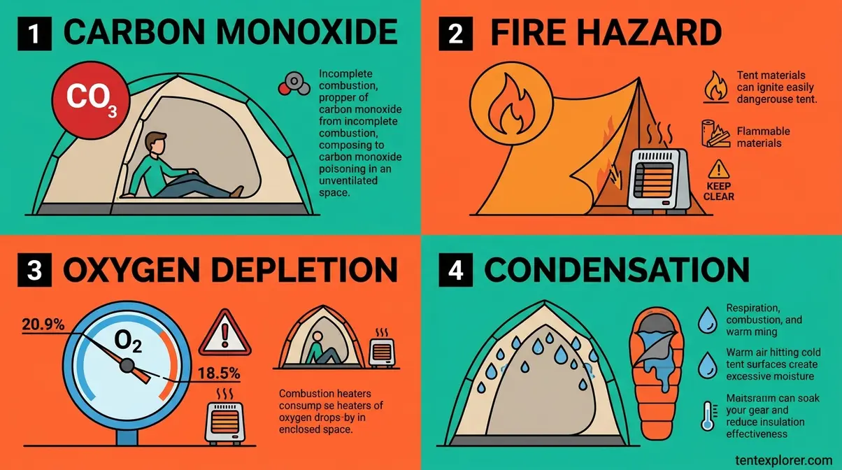 Four core tent heating risks illustrated: carbon monoxide buildup, fire hazard, oxygen depletion, and condensation damage