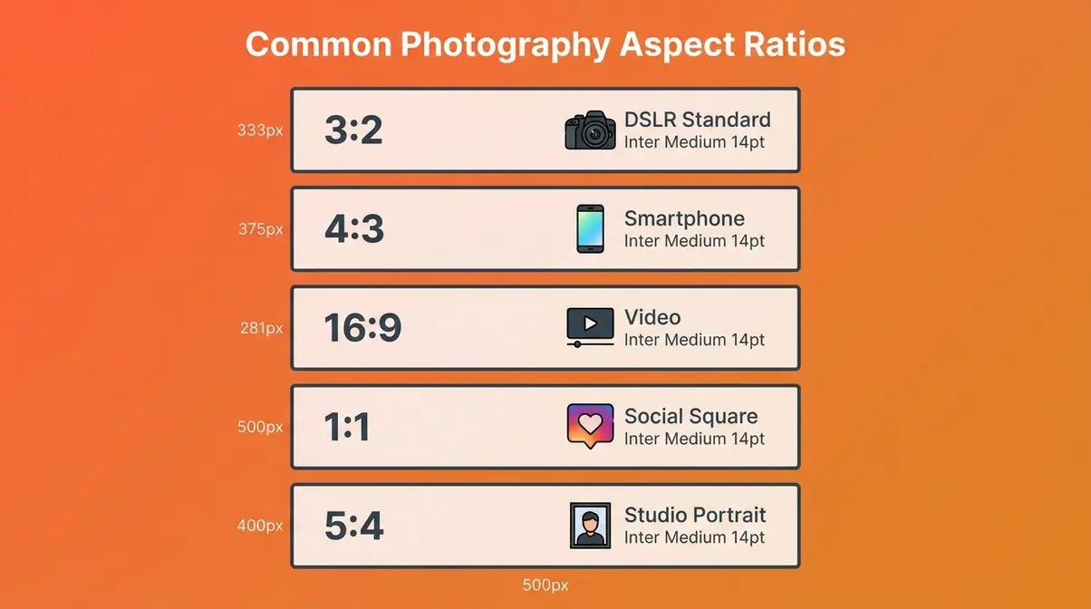 Infographic showing aspect ratio in photography comparisons — 3:2, 4:3, 16:9, 1:1 and panoramic ratios illustrated with use-case labels