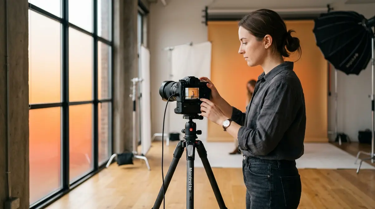 Photographer choosing the right aspect ratio on camera LCD before shooting a portrait session