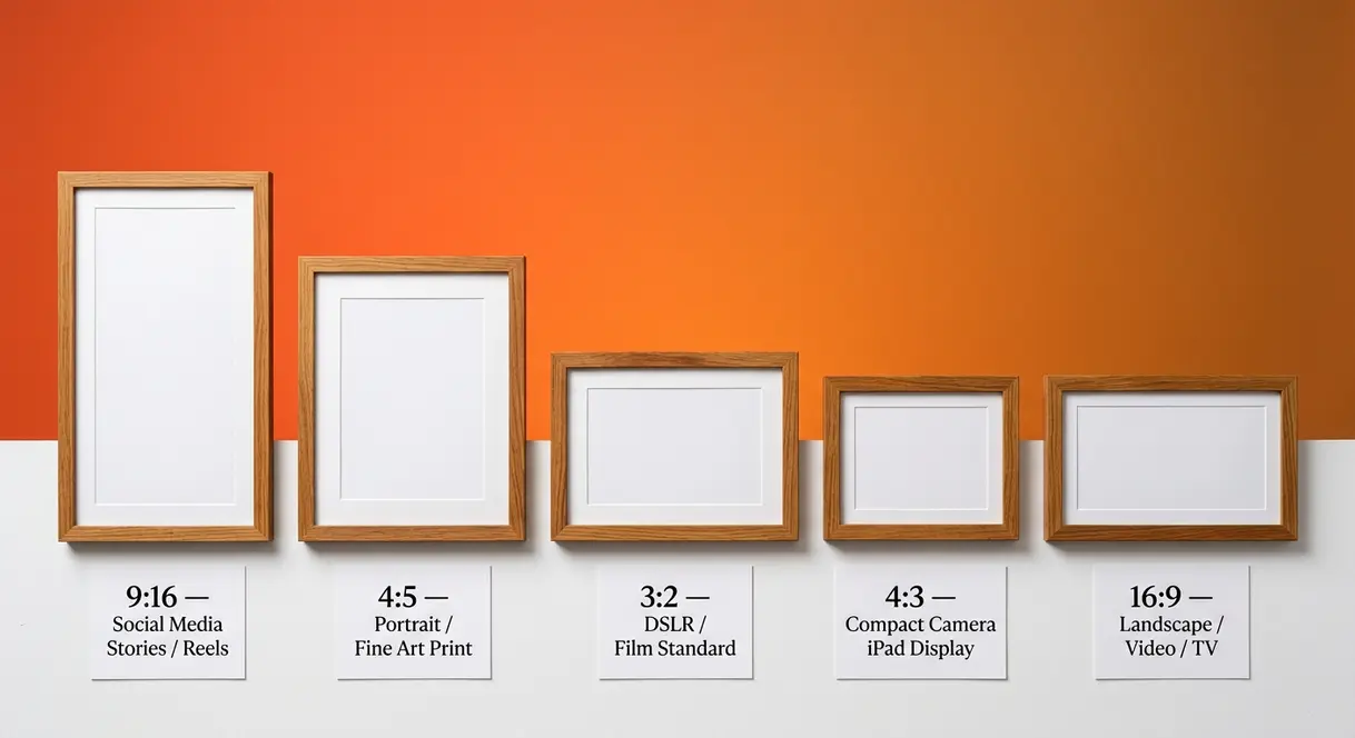 Five common photography aspect ratios shown as picture frames — 3:2, 4:3, 16:9, 1:1, and 9:16 compared