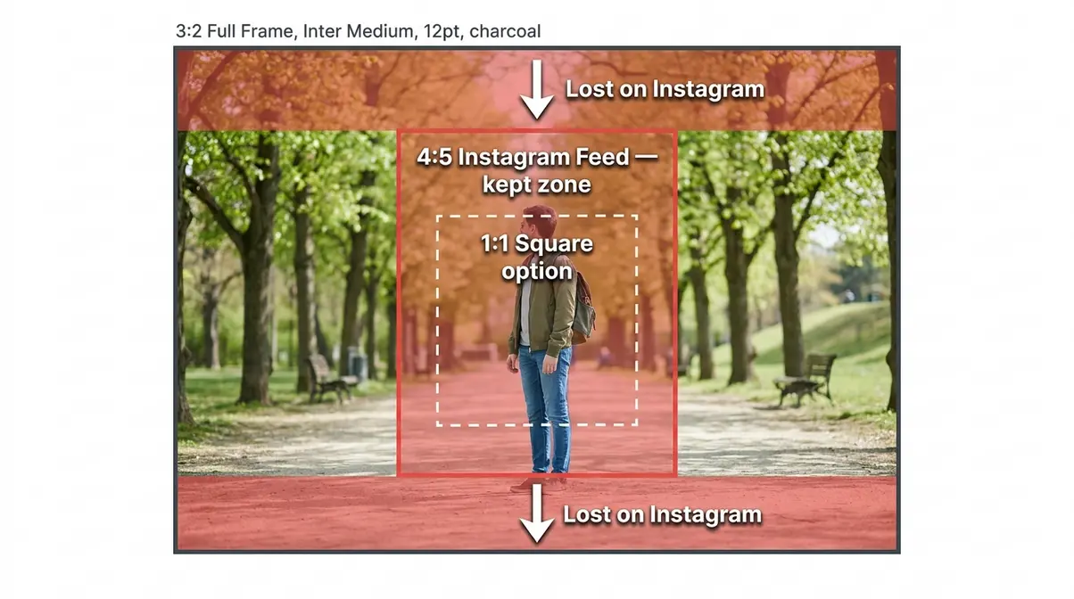 Visual overlay showing how a 3:2 aspect ratio photo crops to 4:5 for Instagram feed posts