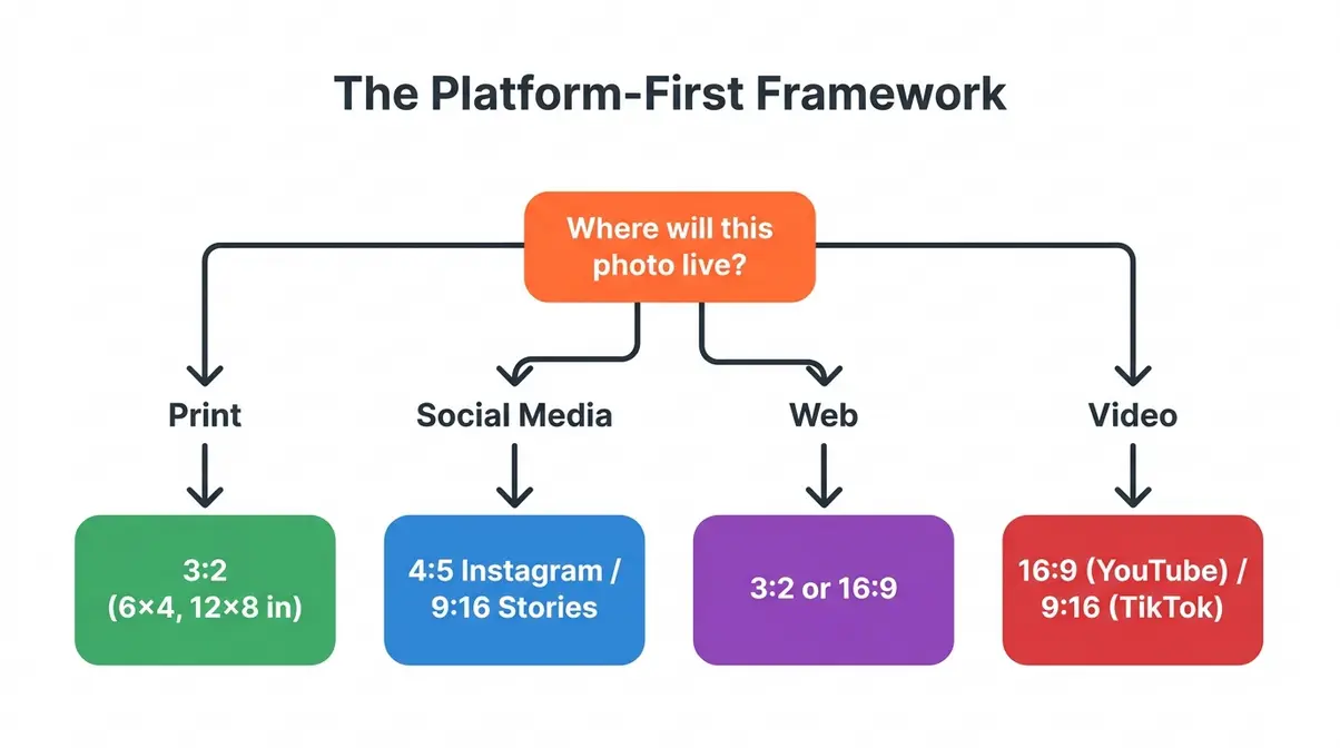 Platform-First Framework flowchart showing how to choose the right aspect ratio in photography based on publishing destination