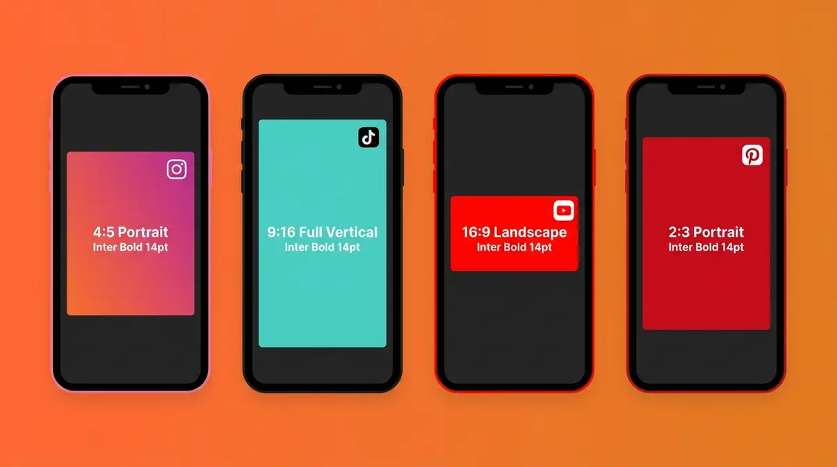 Social media aspect ratios guide showing Instagram 4:5, TikTok 9:16, YouTube 16:9, and Pinterest 2:3 on smartphones