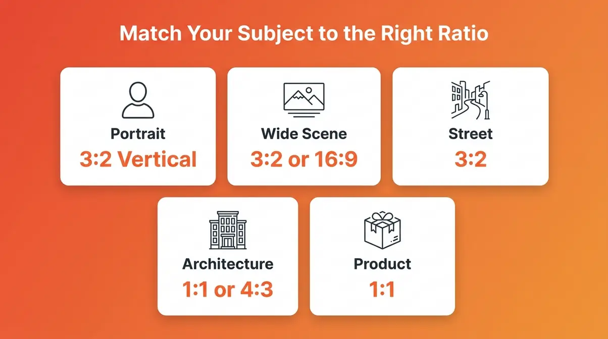 Photography subject guide showing which aspect ratio works best for portraits, landscapes, street shots, architecture, and products