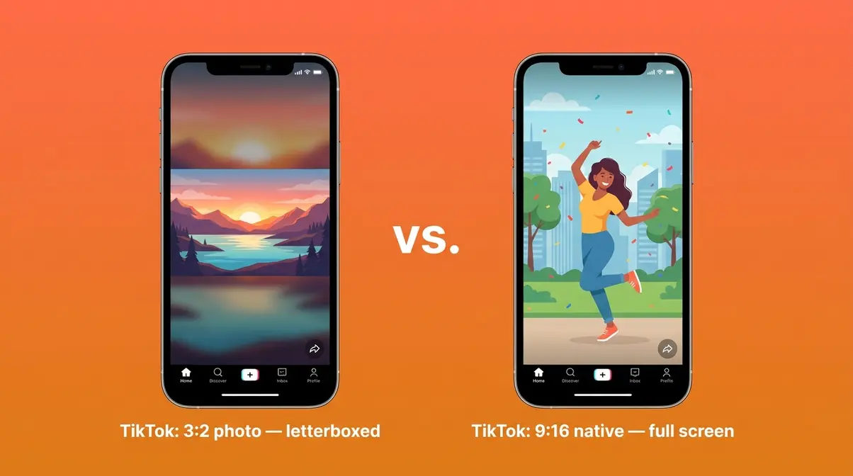 Comparison showing how a 3:2 photo appears on TikTok versus a native 9:16 vertical shot