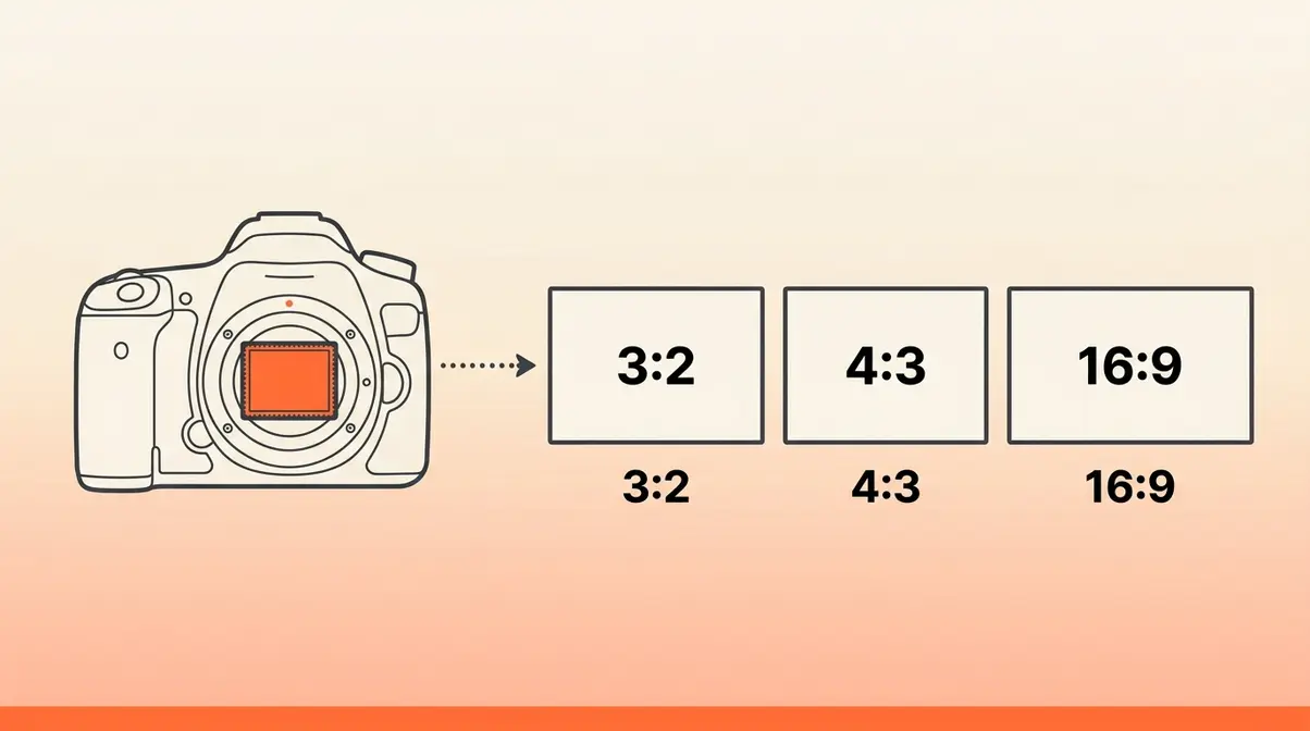 Diagram explaining what aspect ratio in photography means — camera sensor producing 3:2, 4:3, and 16:9 frame shapes