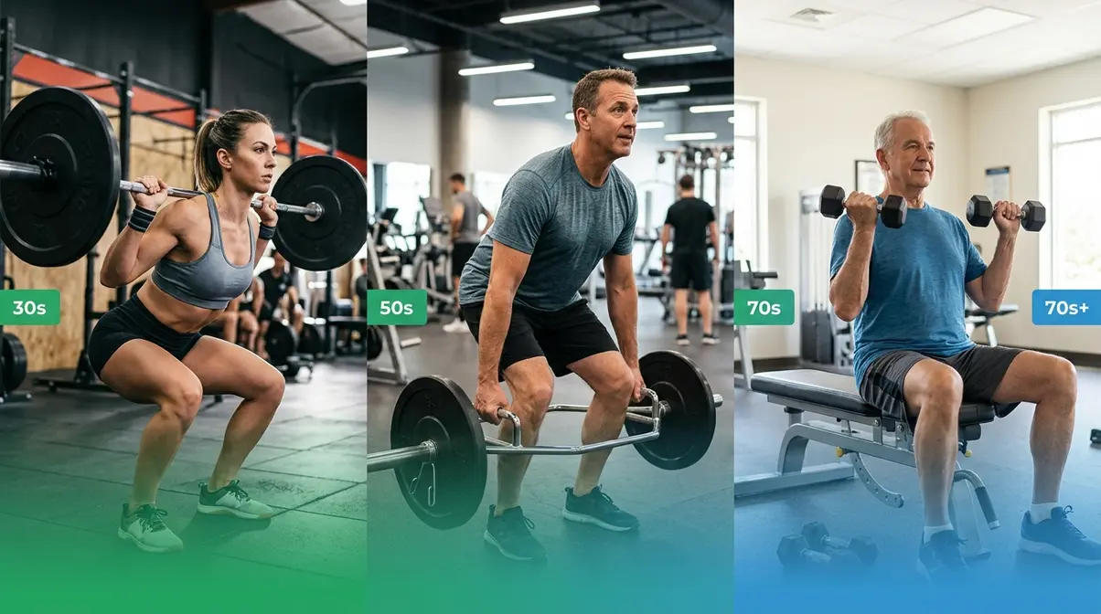 Age-specific resistance training protocols showing adults in their 30s 50s and 70s performing appropriate exercises