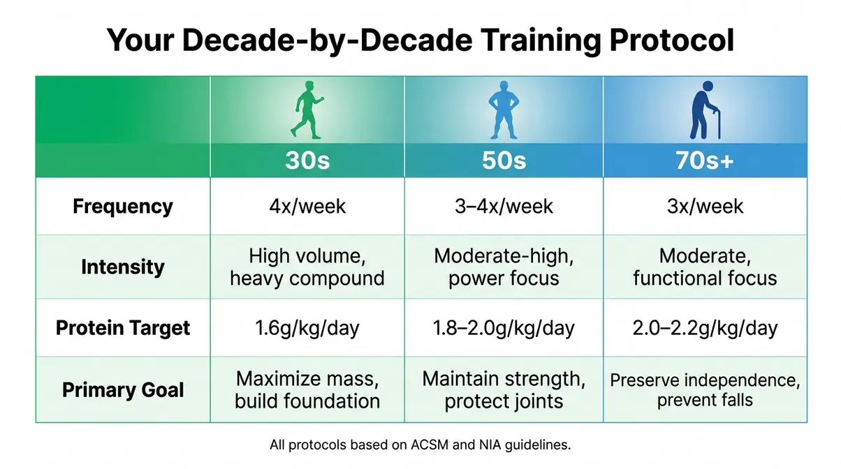 Age-specific muscle building training protocols comparison showing differences for 30s 50s and 70s adults